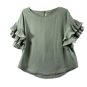 Wishlist Apparel Top‎ Women Small Green Pleated Flutter Sleeve Blouse Oversized